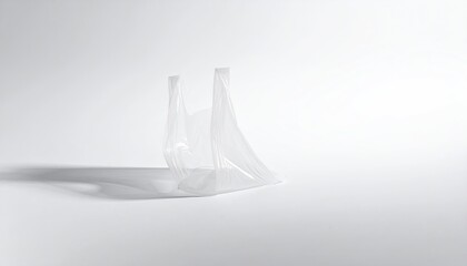 Plastic bag sits, casting a soft shadow on white ground
