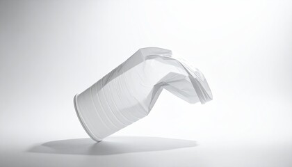 Crushed, white plastic cup mid-air, levitating