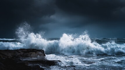 Dramatic turbulent ocean waves crash against rocky coastline under stormy sky with raw nature power