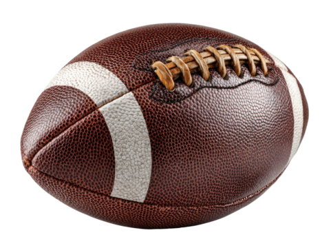 Brown football with white stripes and laces