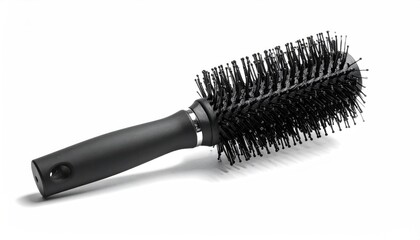 Round black hairbrush with black bristles on white background