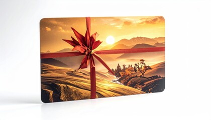 Gift card sunset landscape, red ribbon, white backdrop