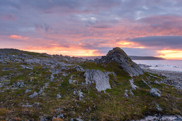 Russia, Murmansk region, Rybachy Peninsula. Sunset on the Barents Sea coast. August 2025