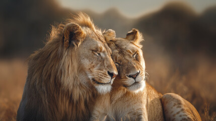 Obraz premium Warm cuddle between a lion and lioness in their natural habitat during golden hour