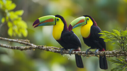 Fototapeta premium Toucans resting peacefully on branches in the rainforest under warm sunlight