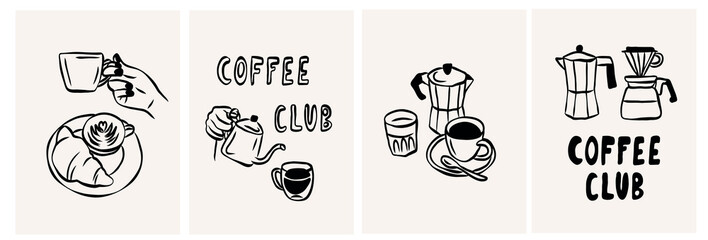 Set of outline coffee posters. Line art drawing
