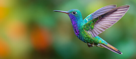 Obraz premium Hummingbird in mid-flight showcasing vibrant colors and swift wings near a garden