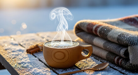 Cozy Winter Scene Wooden Cup of Hot Drink and Blanket