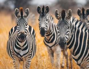 Zebras grazing in golden dry grass of the savanna under a clear sky