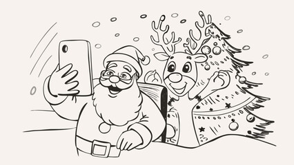 Santa claus and reindeer taking a selfie with christmas tree in snowy winter scene illustration