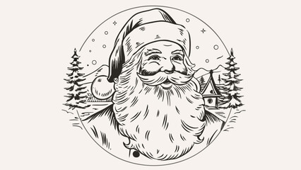Illustration of santa claus with a beard and hat in a winter landscape with trees and a house scene
