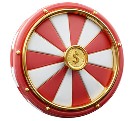 Red and White Prize Wheel with Gold Dollar Coin isolated on a transparent background