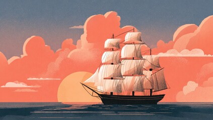 Tall ship sailing on ocean at sunset