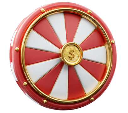Red and White Prize Wheel with Gold Dollar Coin isolated on a transparent background
