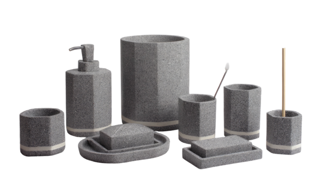 Gray speckled bathroom set soap, dispenser, cup, toothbrush holder