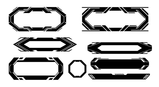 A set of modern sci-fi frames and futuristic panels. These black and white vector graphics are perfect for a gaming stream overlay or a high-tech UI.