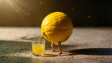 A lemon with legs pours juice into a glass on a bright kitchen counter, combining realism, humor, and natural morning light.