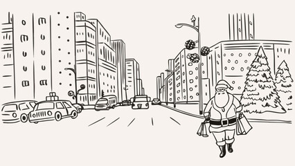 Santa claus walking with shopping bags on a city street with cars and buildings in a christmas scene