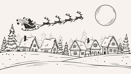 Santa claus flying over a snowy village with reindeer and sleigh under a full moon in monochrome art