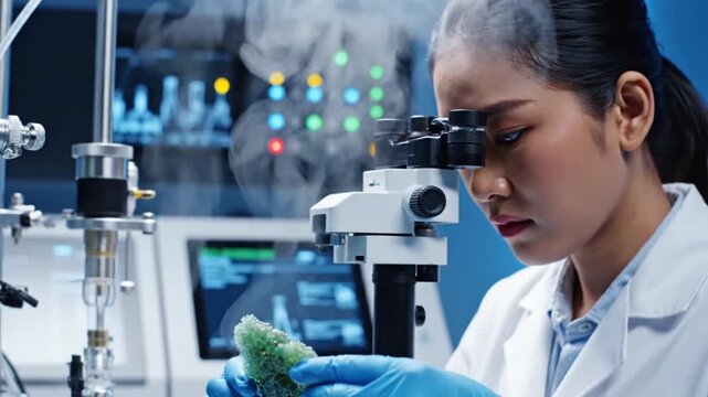 Female scientist examining plant tissue under microscope in modern laboratory.