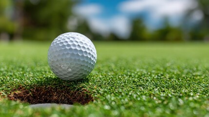 Obraz premium Close-up of a textured white golf ball on a vibrant green putting surface near a hole