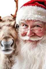 A man in a santa claus hat and glasses with a reindeer behind him