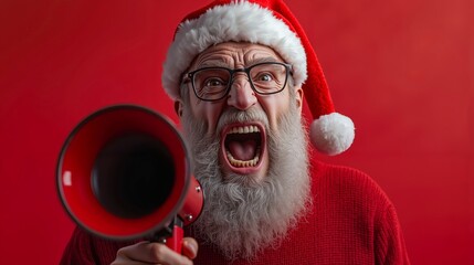 A man in a santa hat shouting into a megaphone