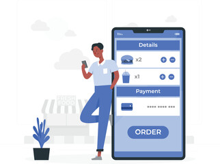 Man using smartphone to order food from a mobile app with a burger and drink in the cart ordering food