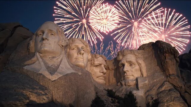 Mount Rushmore monument featuring the carved faces of four US presidents illuminated at night with fireworks bursting in the dark sky above the iconic landmark