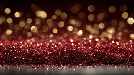 Close-up of vibrant red glitter scattered, with warm golden bokeh background