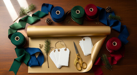 Elegant Christmas gift wrapping supplies with ribbons and golden paper