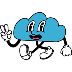 Friendly Blue Cloud Character With Googly Eyes and Black Outline Giving Peace Sign While Walking
