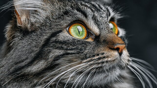 Close-up profile of a striped tabby cat with luminous green eyes and whiskers
