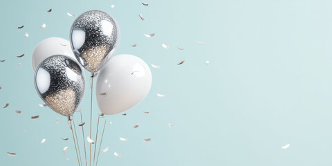 Silver and white balloons with confetti floating on pastel blue background, celebratory mood