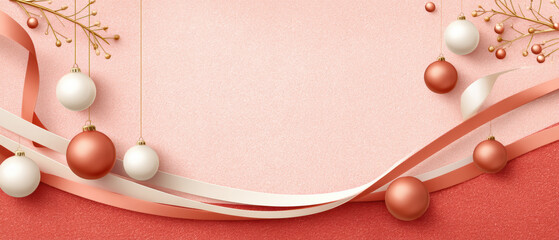 Fototapeta premium Festive pink holiday background with ribbons and hanging baubles evoking warm cheer