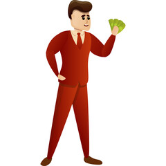 Business Man In Red Suit Holding Money Fan Standing Against White Background With Transparent Background Illustration