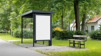 Modern outdoor park display board with blank advertising space next to bench on lush green sidewalk in sunny urban environment