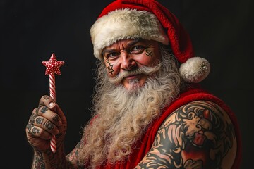 A man dressed as Santa Claus holding a candy cane