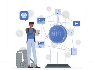 Man Interacting with NFT Network Displaying Digital Assets and Coins non-fungible token cryptocurrency