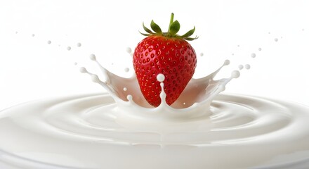 A fresh strawberry falls into a splash of milk on a white background.