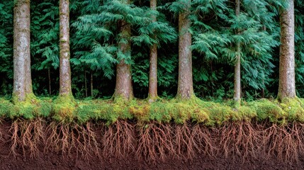 Cross-section reveals lush forest, tall tree trunks, green moss, and intricate roots in soil