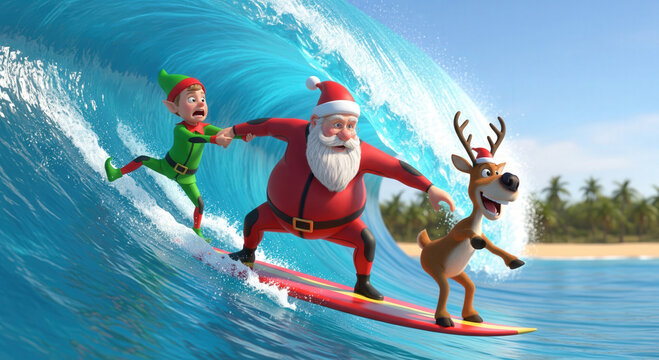 Santa, elf and reindeer surfing big Christmas wave - Powered by Adobe