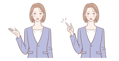 案内・指差し・説明をするビジネスパーソンの女性、ベクターイラスト