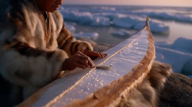 An Inuit elder, their hands steady, repairs a sealskin kayak, its surface taut. A bone needle, its tip sharp, stitches the seams. A fur mat, its fibers matted, cushions the ground. A frozen shore,