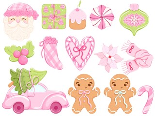 Pink Christmas Clipart Set, Cute Holiday Gingerbread, Santa, Candy Car