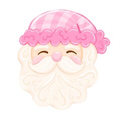 Cute Pink Santa Claus Face Digital Clipart - Kawaii Gingham Hat Christmas Holiday Character Element Illustration
