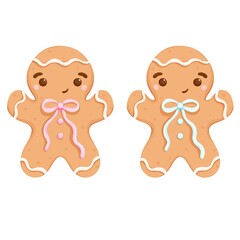Cute Gingerbread Men Digital Clipart - Kawaii Christmas Cookies Pink Blue Bows Holiday Baking Element Illustration