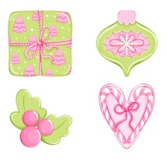 Pink Green Christmas Clipart Set - Cute Gift Ornament Holly Candy Canes Holiday Digital Elements Illustration
