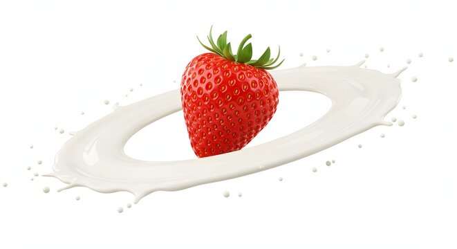 A vibrant strawberry sits in a splash of swirling cream against a white backdrop. - Powered by Adobe