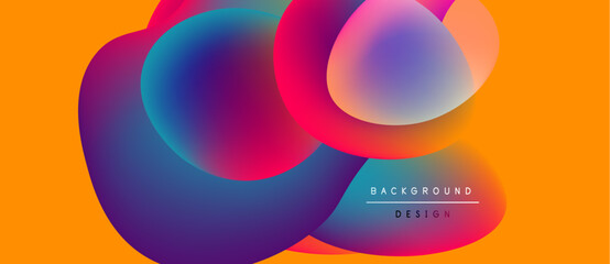 Abstract vibrant shapes overlap, creating colorful gradients. Orange background complements design elements. Modern aesthetic.